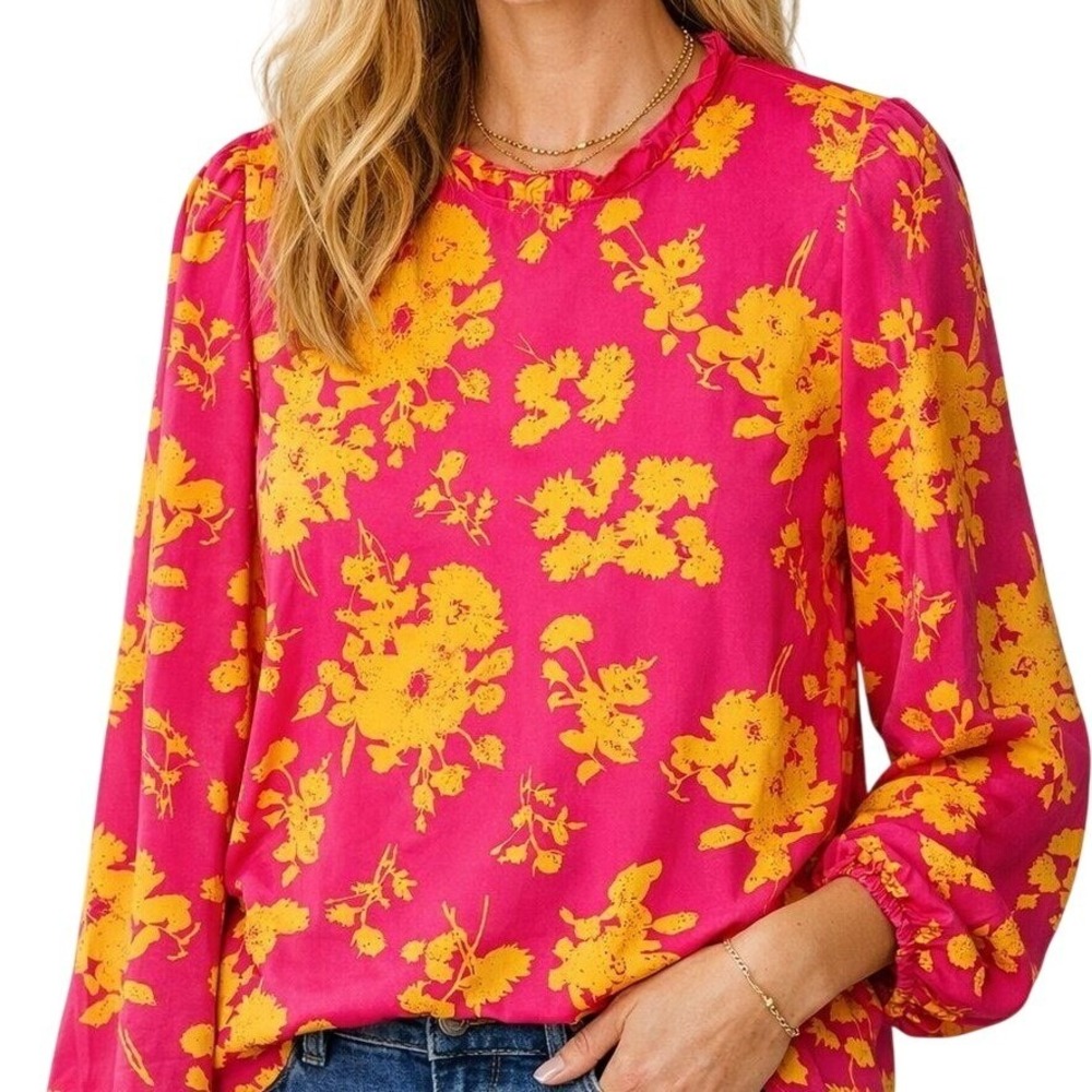 Loness Floral Blouse Womens‎ XL Pink Yellow Ruffle Neck Long Sleeve